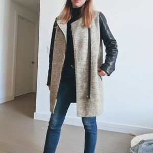 Wool mix grey coat with faux leather sleeves